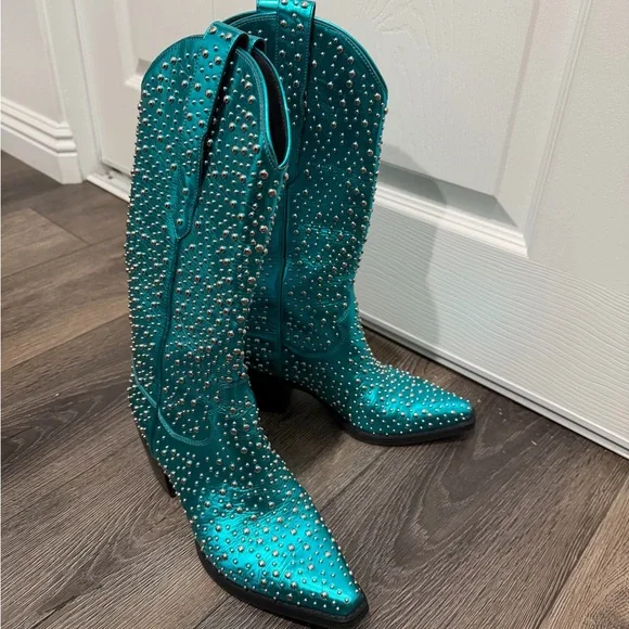 Jeffrey Campbell Teal Studded Ankle Boots - Picture 2 of 7